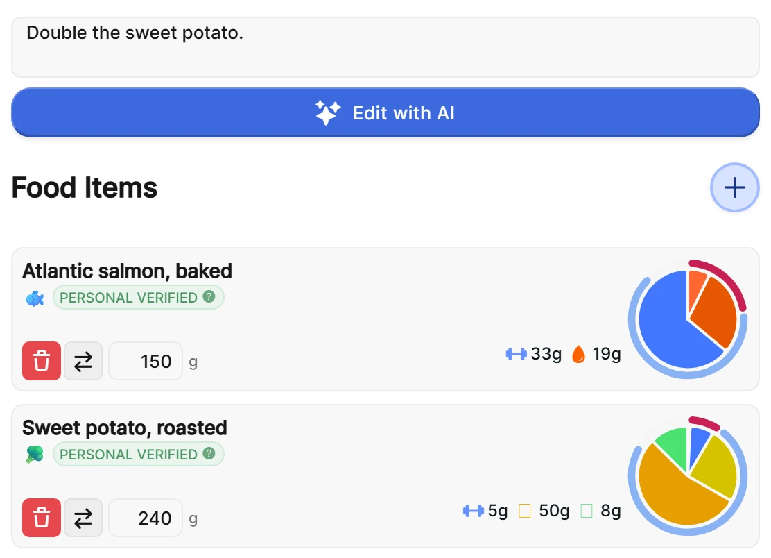 Meal Graph meal editor with food items, a written adjustment, and the Edit with AI button